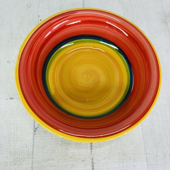Royal Norfolk MAMBO Greenbrier Yellow Center Rings Stoneware Soup Bowls Set of 4